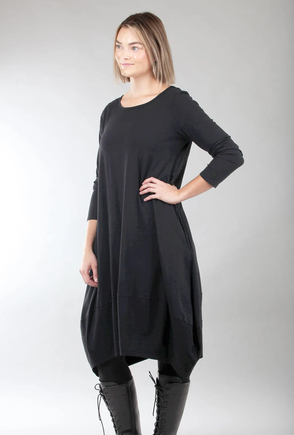 3/4-Sleeve Tulip Dress, Black