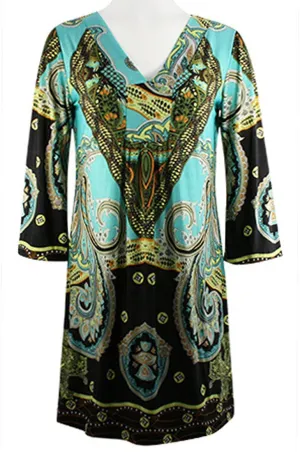 Adore Fashion Floral Medallion 3/4 Flared Sleeve Tunic Mini Dress V-Neck Collar