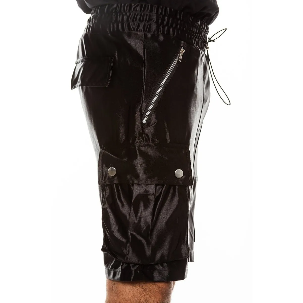 Black Satin Cargo Shorts