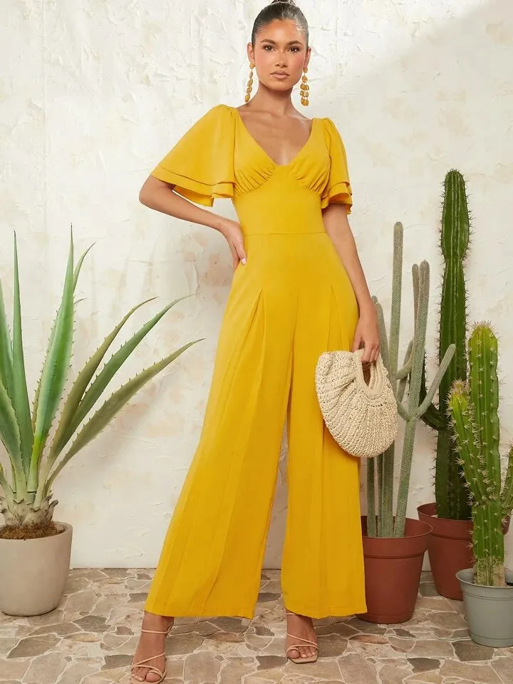 Butterfly sleeve wide leg jumpsuit in yellow