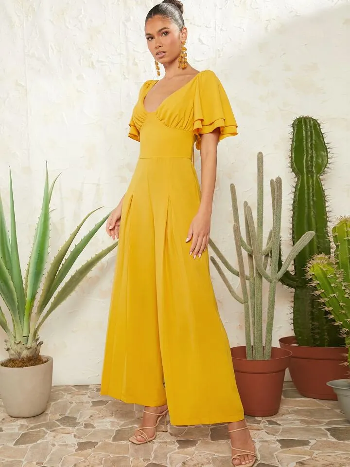 Butterfly sleeve wide leg jumpsuit in yellow