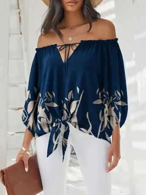 Casual Loose Long Sleeves Drawstring Floral Printed Off-The-Shoulder Blouses&Shirts Tops