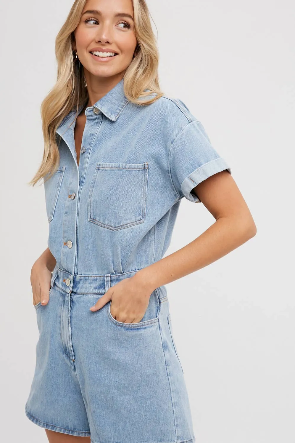 DENIM BUTTON DOWN SHIRT ROMPER