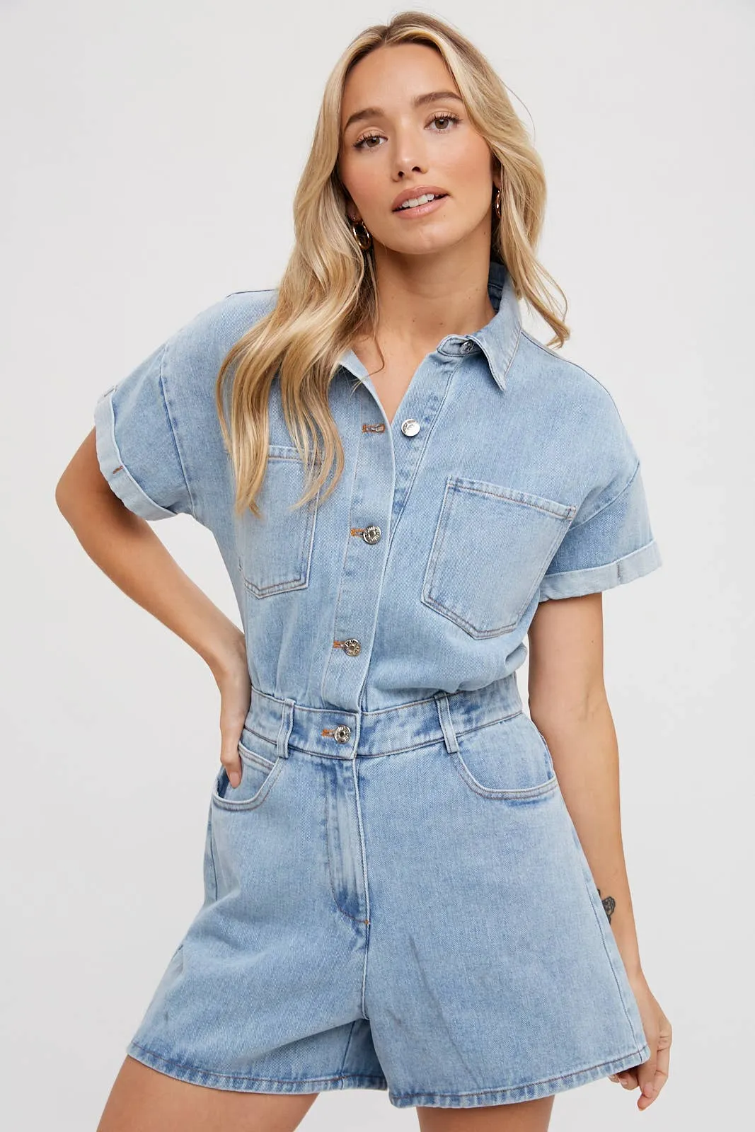 DENIM BUTTON DOWN SHIRT ROMPER