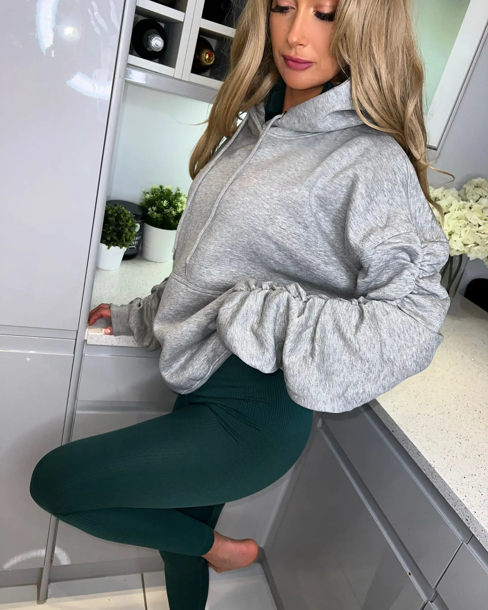 ‘Evie’ Grey Ruched Sleeve Hoodie Jumper