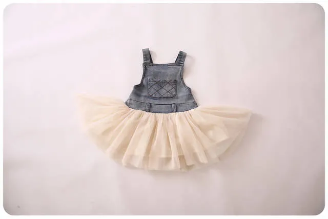 Fashion Summer Lace Denim Patch Baby Girl Dress Children Party Frock Baby Girls Kids Princess Party Tutu Dress