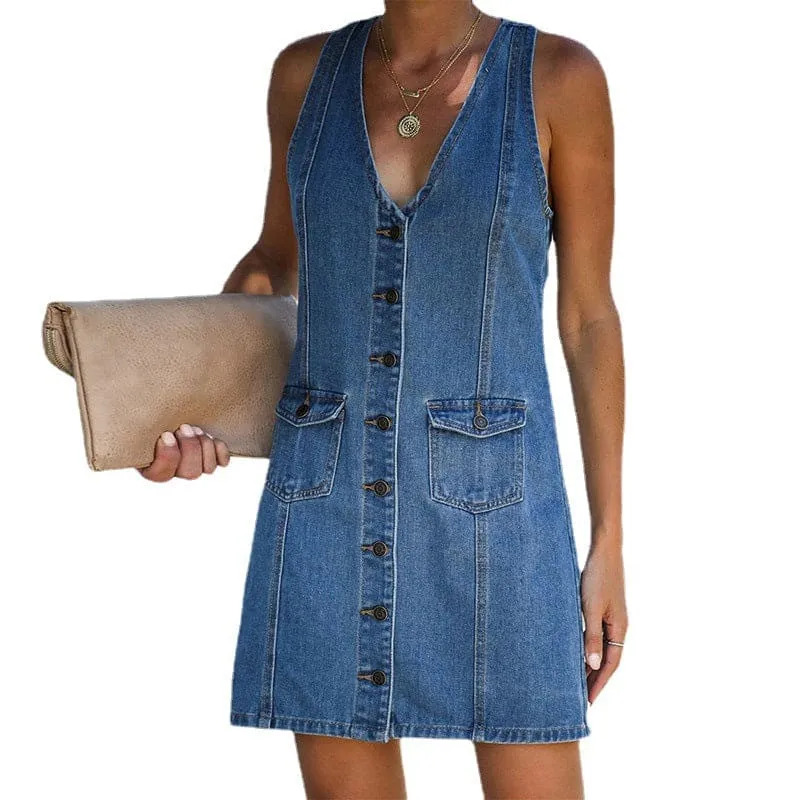 Flap Pocket V-Neck Collar Front Button Up T-Back Shape Denim Dress