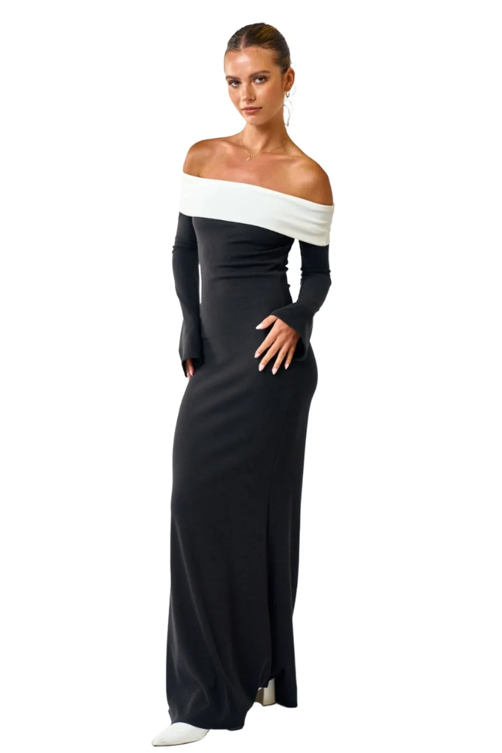 FOLD OVER OFF SHOULDER MERMAID MAXI DRESS