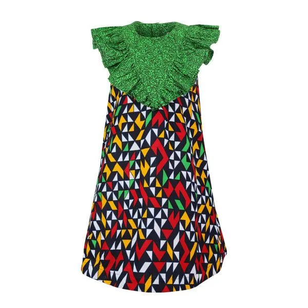 GIRLS MULTICOLOR RUFFLED SLEEVE DRESS WITH HAIRBOW