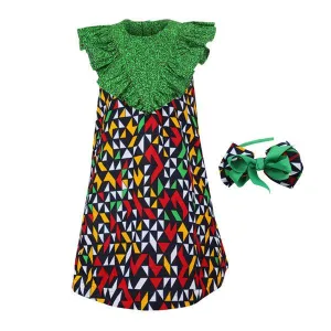 GIRLS MULTICOLOR RUFFLED SLEEVE DRESS WITH HAIRBOW