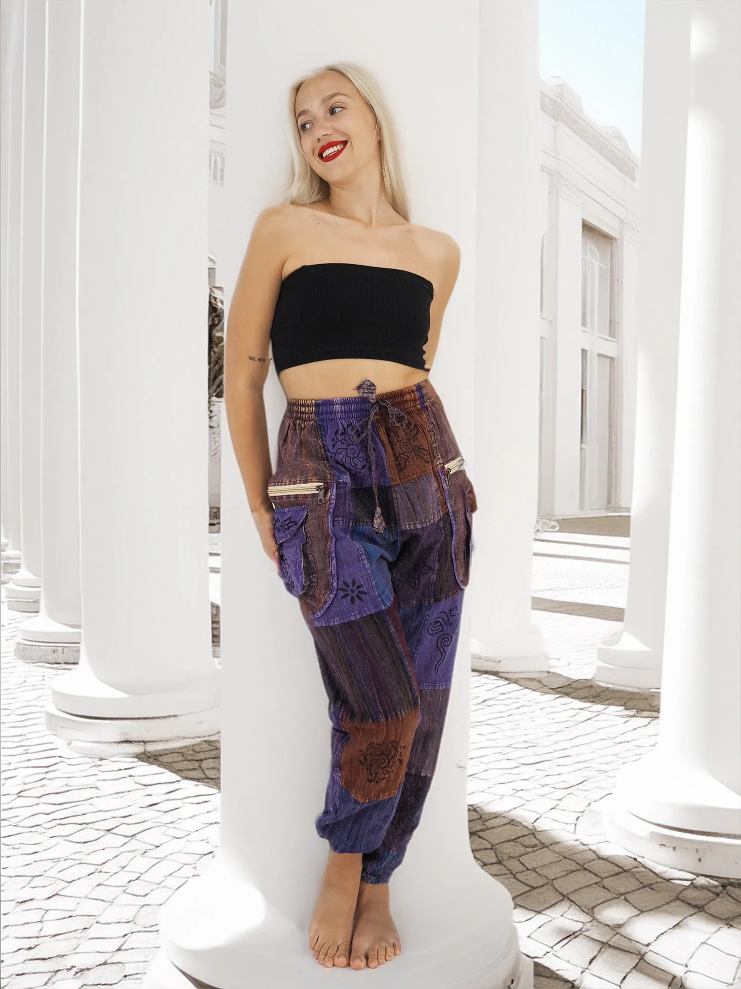 Handmade Unisex Casual Boho Hippie Cotton Patchwork Pants Size S to XXL Purple