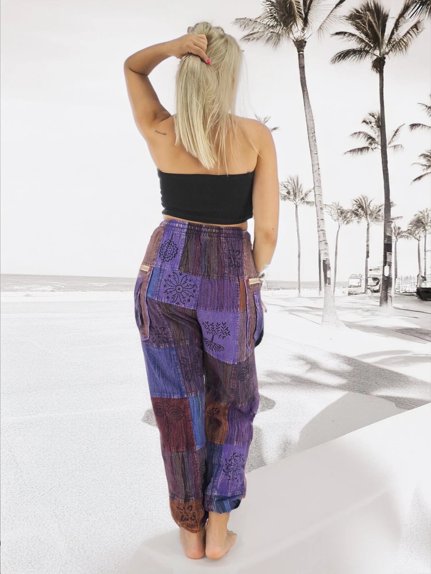 Handmade Unisex Casual Boho Hippie Cotton Patchwork Pants Size S to XXL Purple