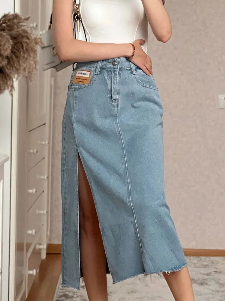 High Leggy Slit Empire Waist Mid-Calf Denim Skirts