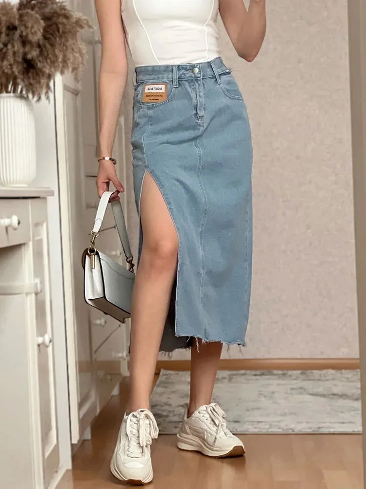 High Leggy Slit Empire Waist Mid-Calf Denim Skirts