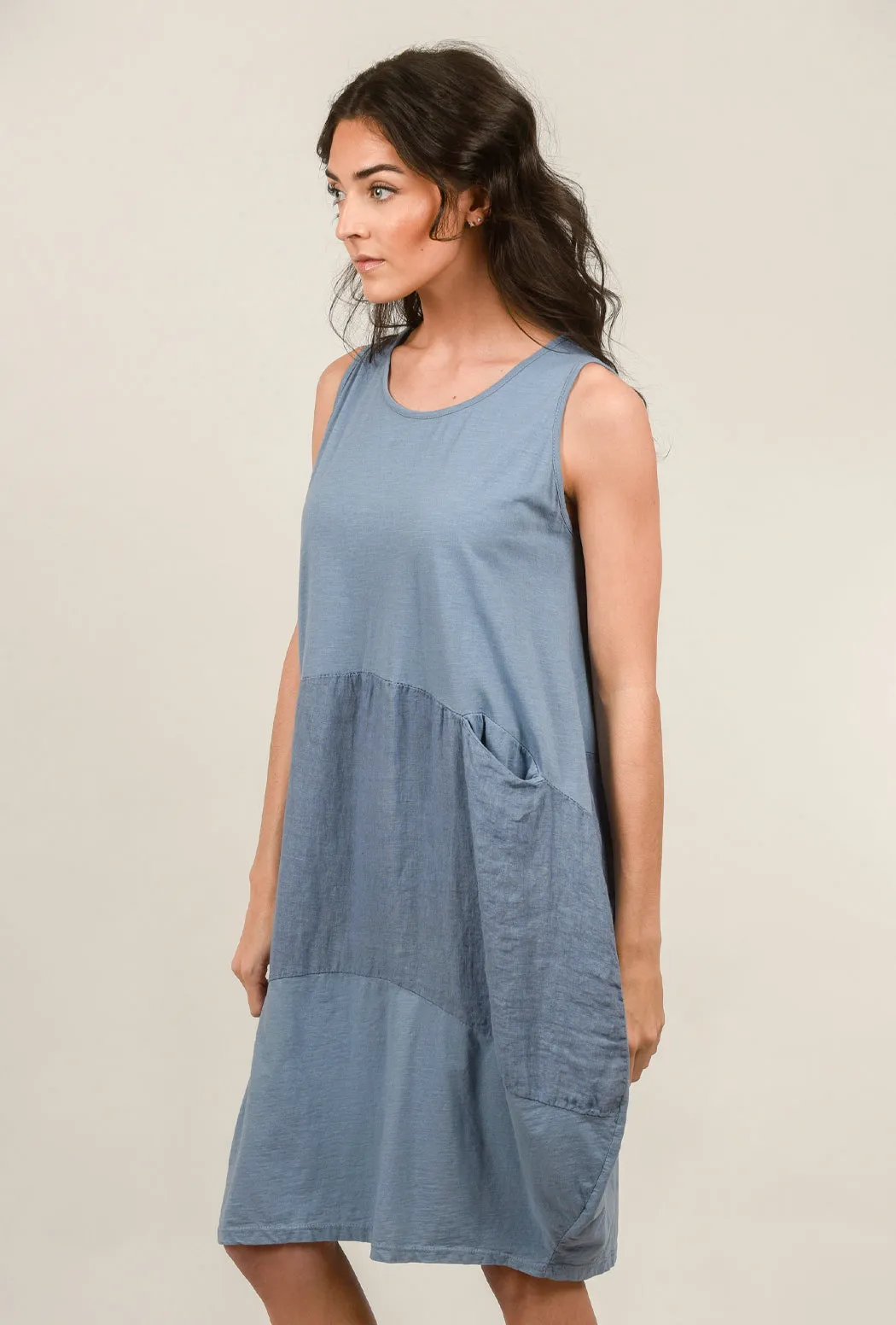 Linen Inset Bubble Dress, Denim