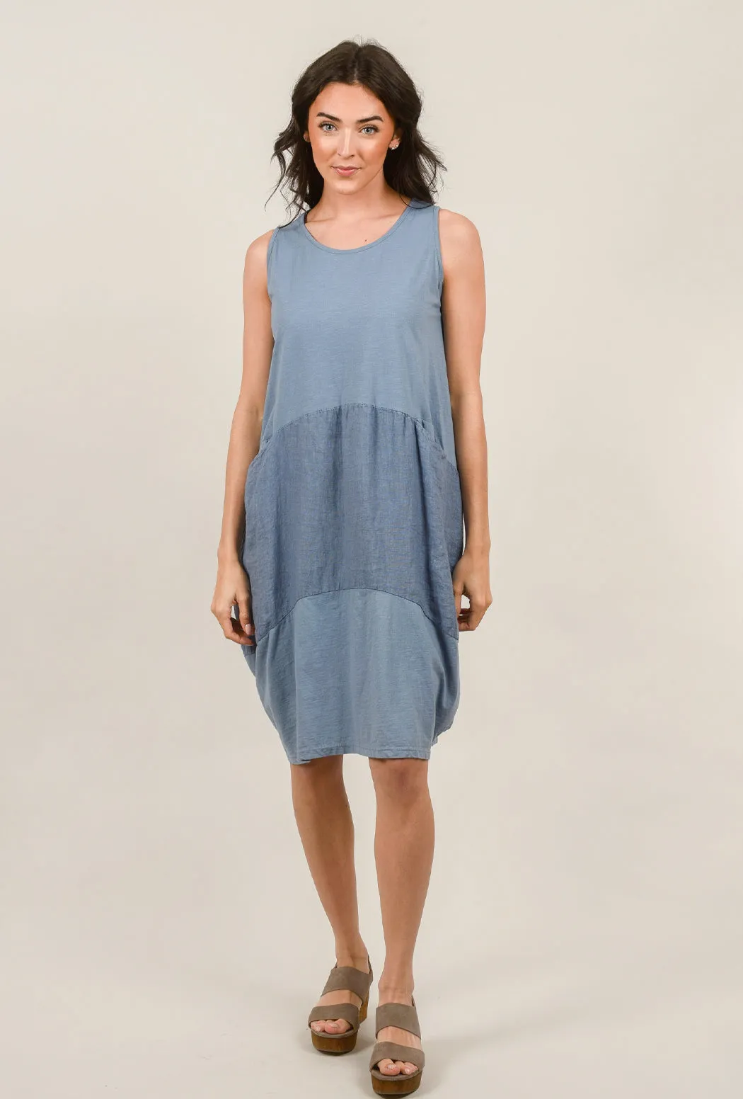 Linen Inset Bubble Dress, Denim