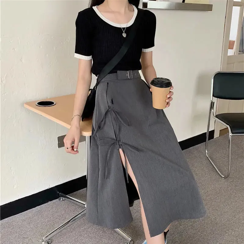 Long Casual High Comfortable Waist Vintage Simple Match Solid All Skirt