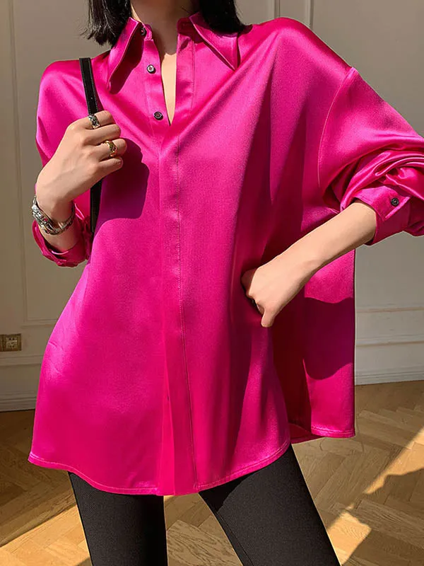 Long Sleeves Loose Solid Color Lapel Shirts Tops