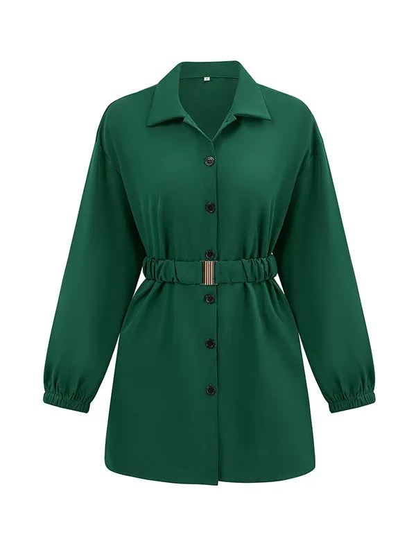 Loose Belted Solid Color Lapel Blouses&shirts Tops Shirts Tops