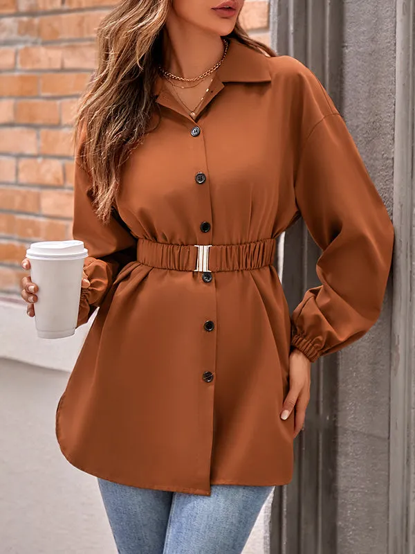 Loose Belted Solid Color Lapel Blouses&shirts Tops Shirts Tops