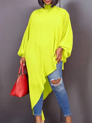 Loose See-Through Long Sleeves Asymmetric Solid Color High-Neck T-Shirts Tops