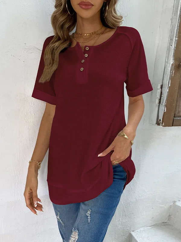 Loose Short Sleeves Buttoned Solid Color Split-Joint V-Neck T-Shirts Tops