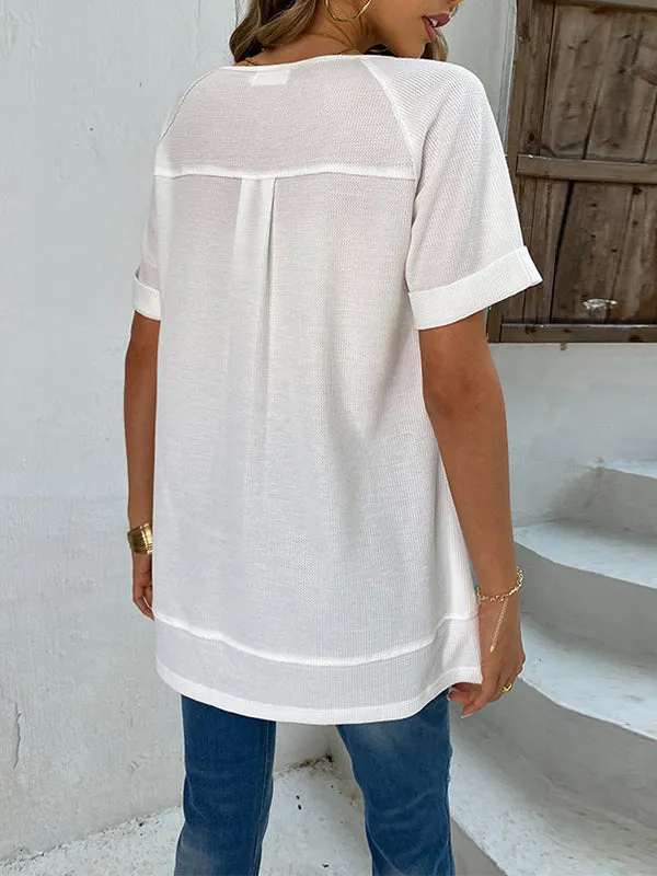 Loose Short Sleeves Buttoned Solid Color Split-Joint V-Neck T-Shirts Tops