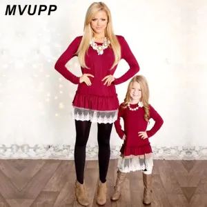 Mother Daughter Red Lace Patchwork Dresses