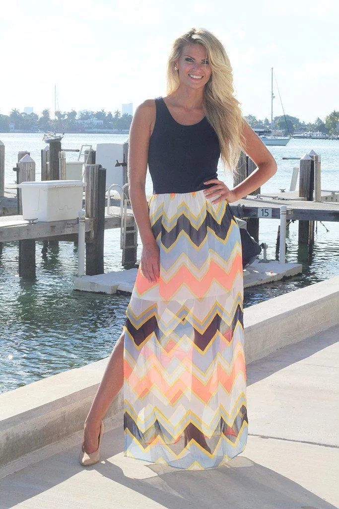 Navy and Neon Peach Chevron Maxi Dress