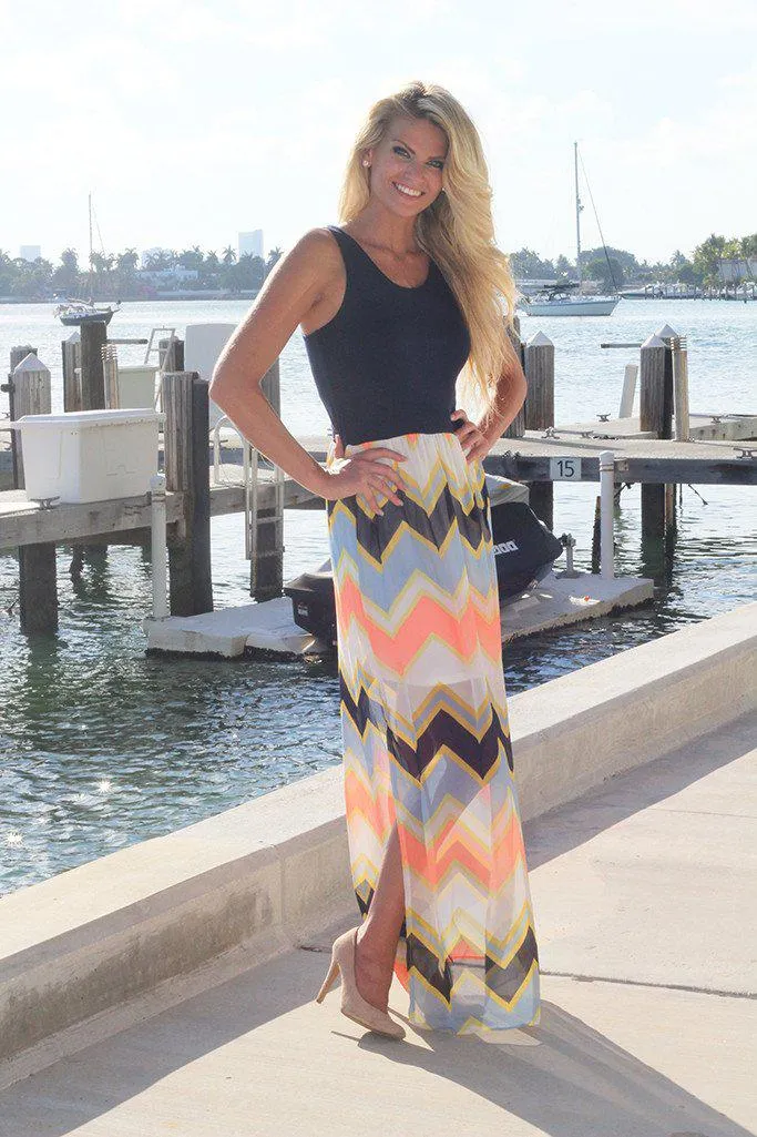 Navy and Neon Peach Chevron Maxi Dress