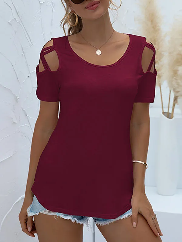 Original Creation Short Sleeves Hollow Solid Color Round-Neck T-Shirts Tops