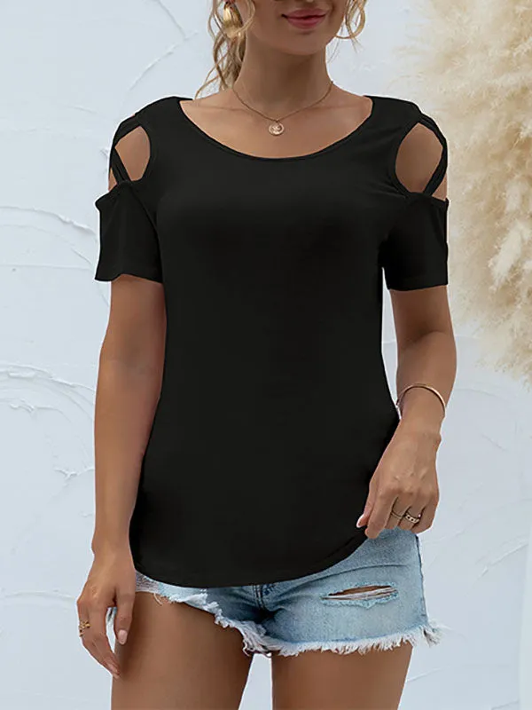 Original Creation Short Sleeves Hollow Solid Color Round-Neck T-Shirts Tops