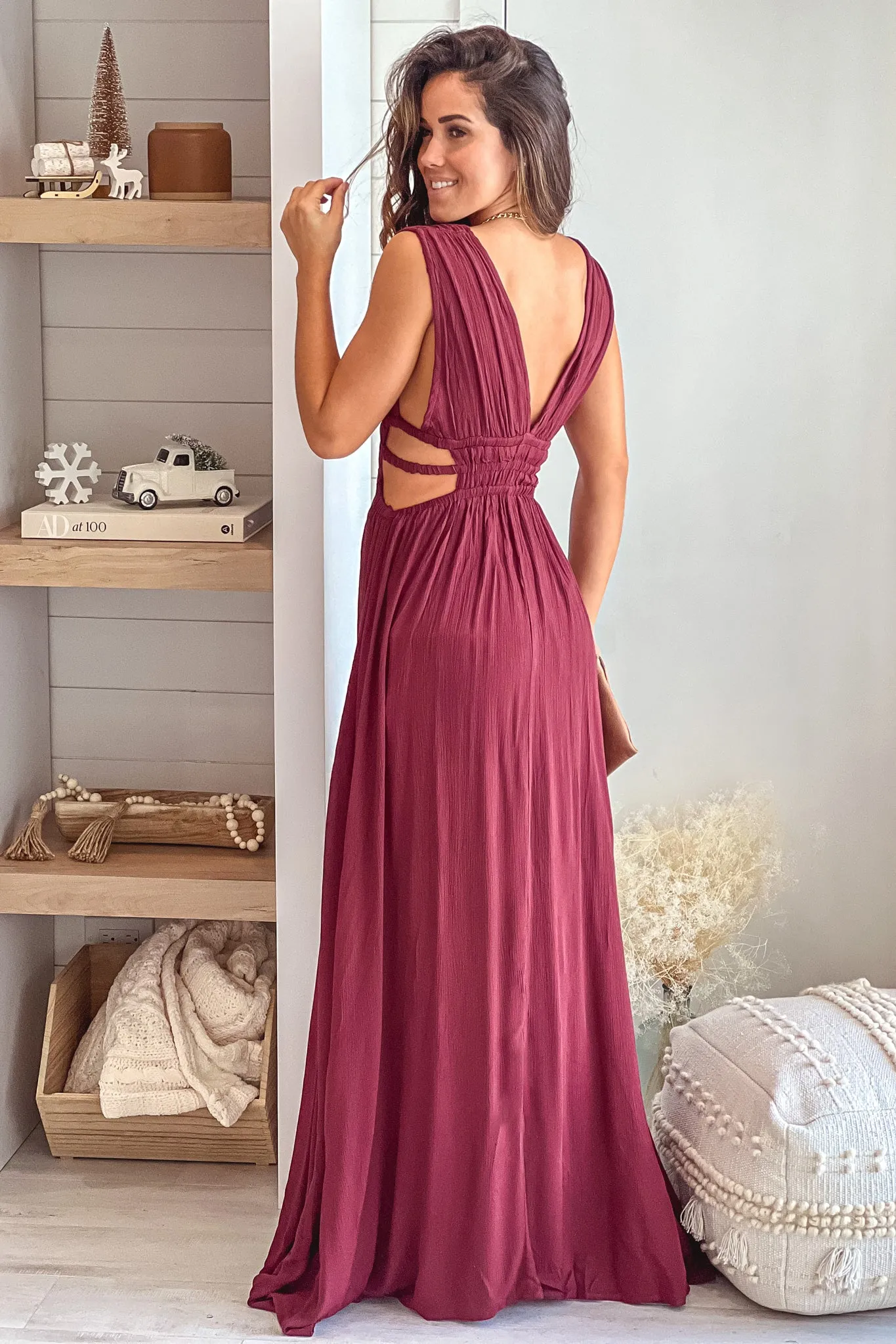 Red Brown V-Neck Maxi Dress With Cut Out And  Slit