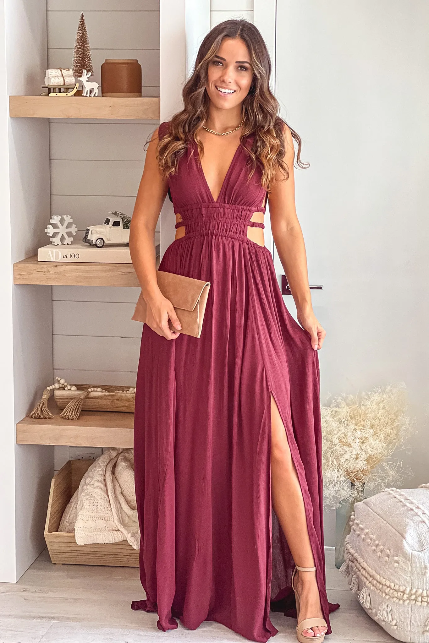 Red Brown V-Neck Maxi Dress With Cut Out And  Slit