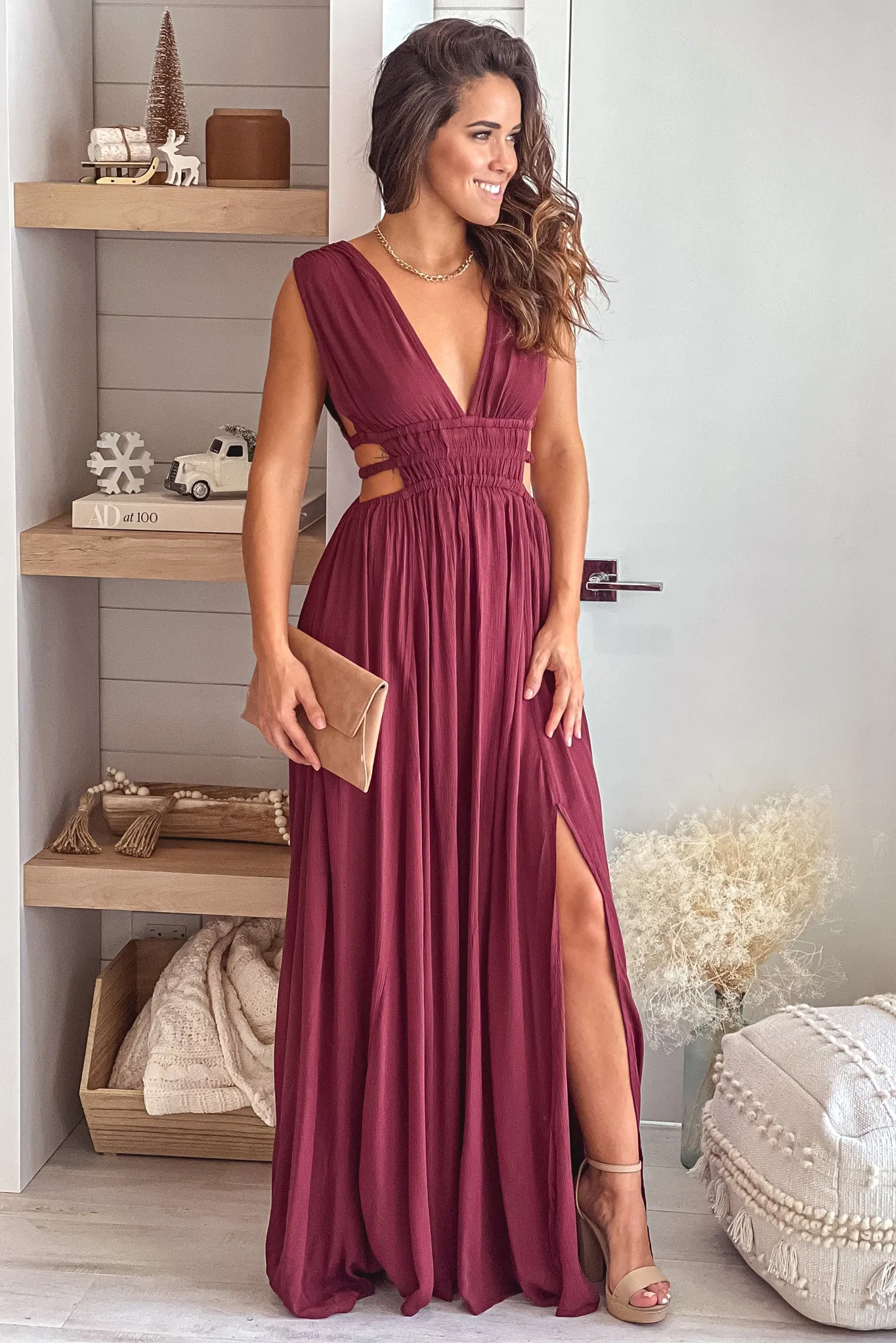 Red Brown V-Neck Maxi Dress With Cut Out And  Slit