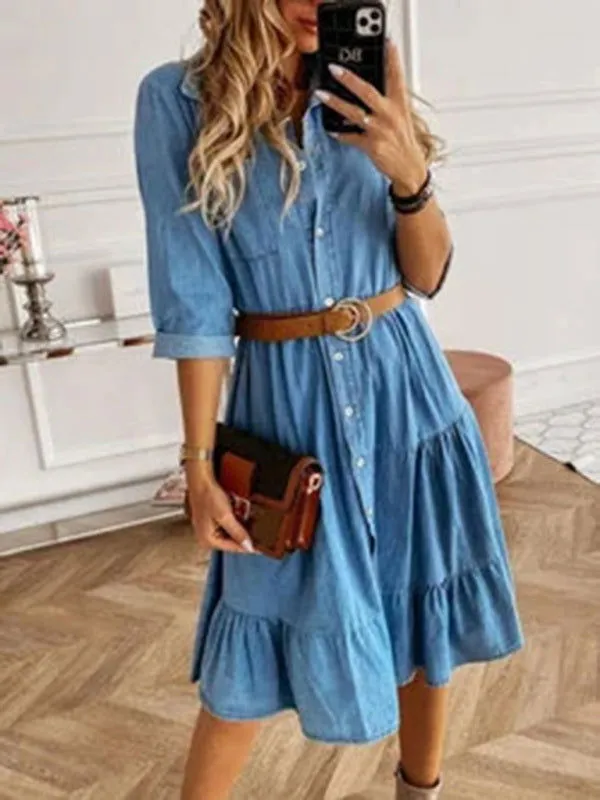 Ruffle Design Button-Up Collared Denim Dresses