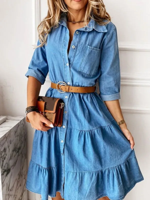 Ruffle Design Button-Up Collared Denim Dresses