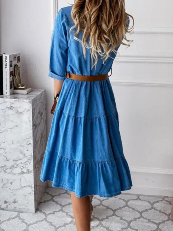 Ruffle Design Button-Up Collared Denim Dresses