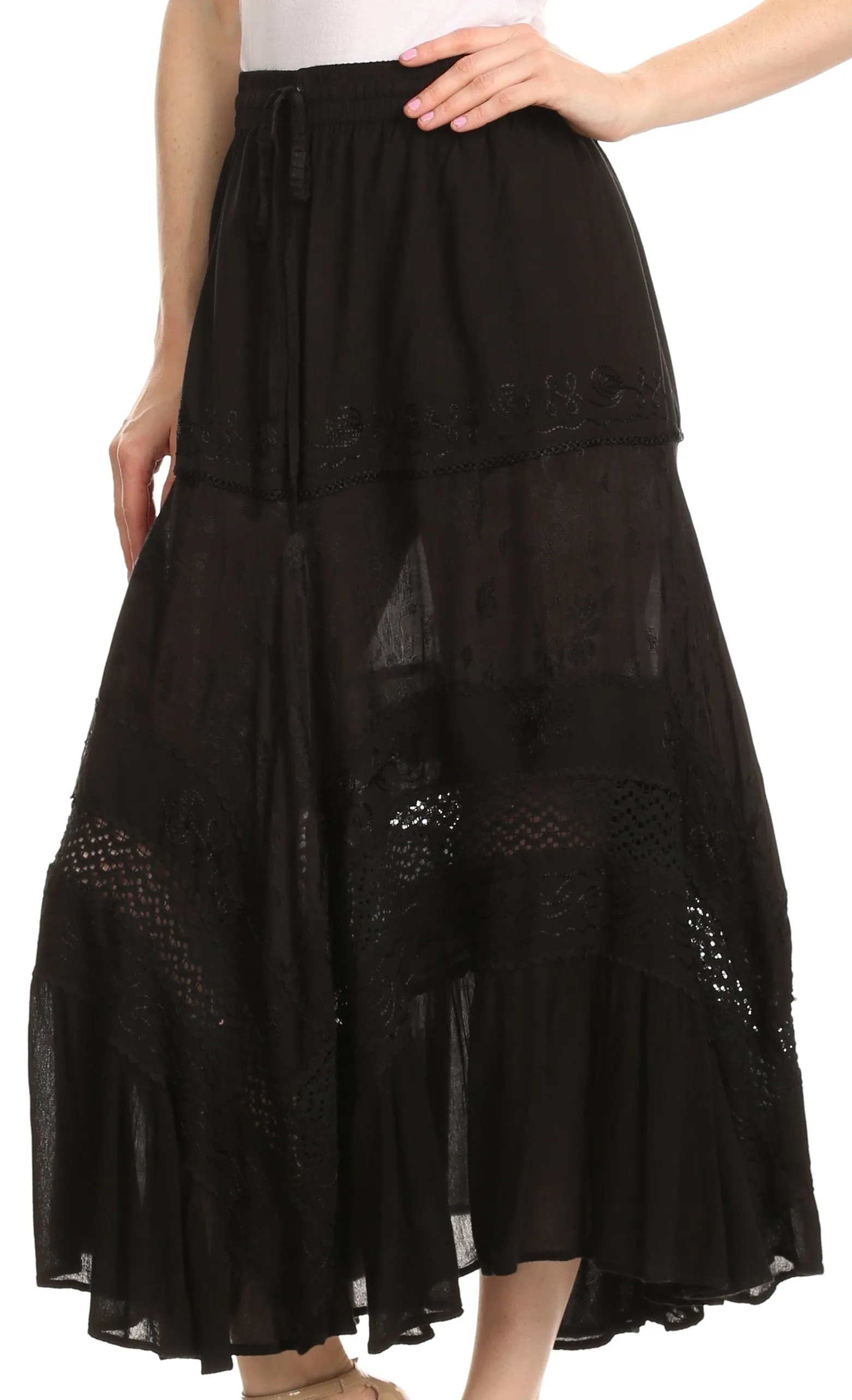 Sakkas Sally Bohemian Casual Mid Length Skirt with Crochet Lace Full Circle