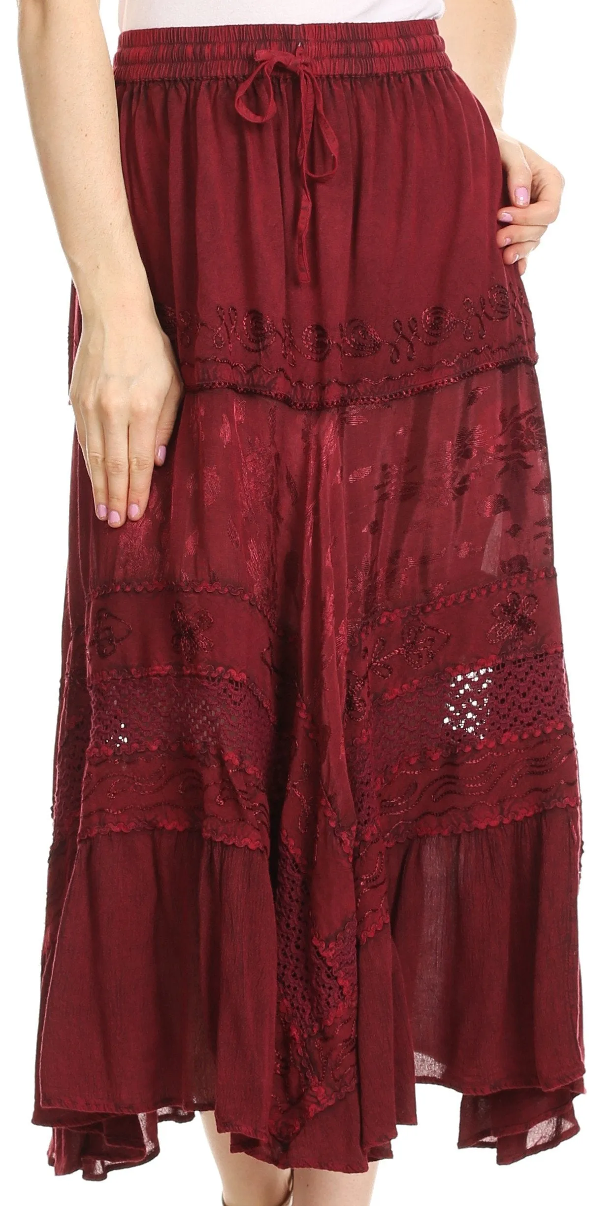 Sakkas Sally Bohemian Casual Mid Length Skirt with Crochet Lace Full Circle