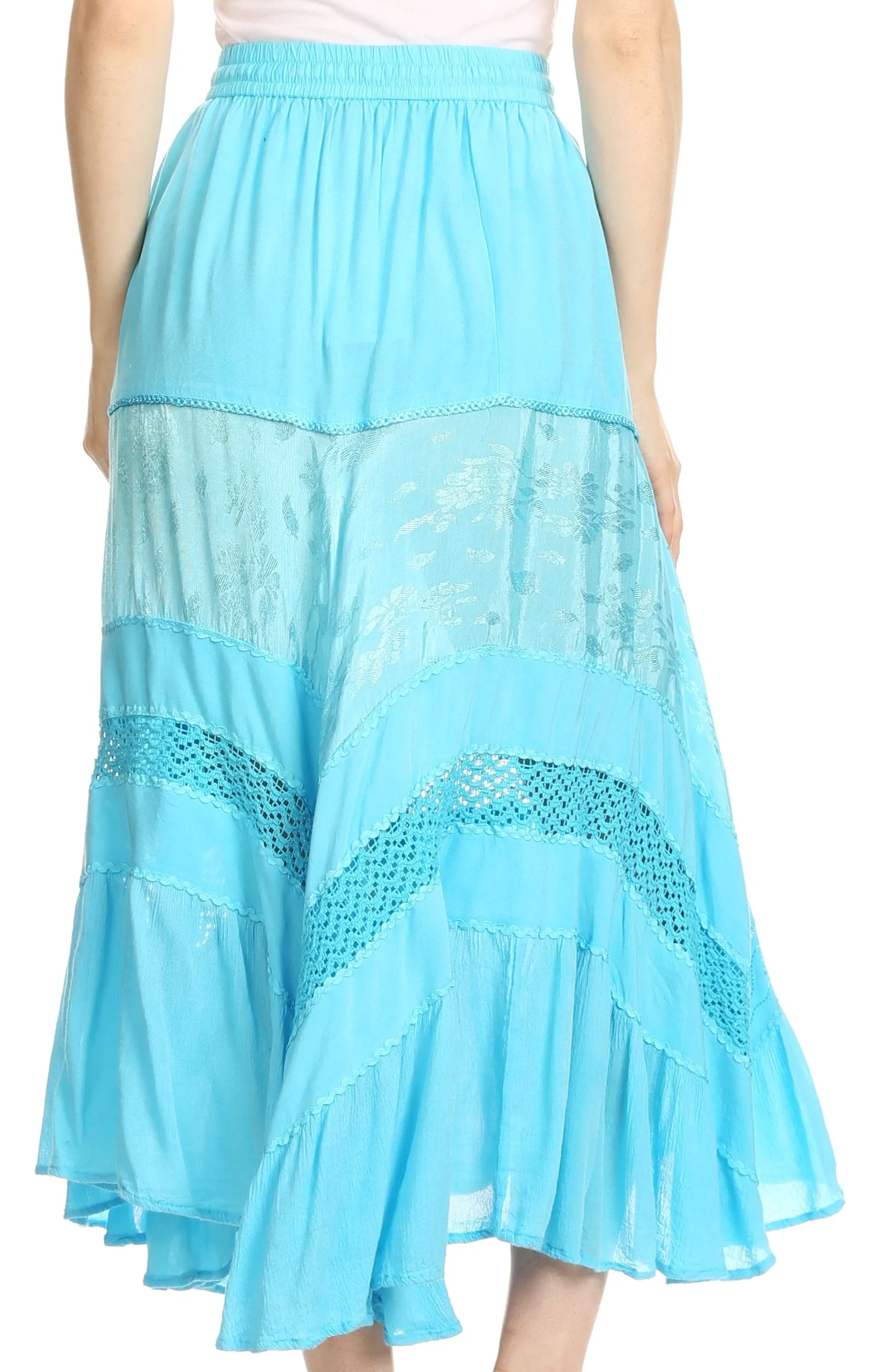 Sakkas Sally Bohemian Casual Mid Length Skirt with Crochet Lace Full Circle