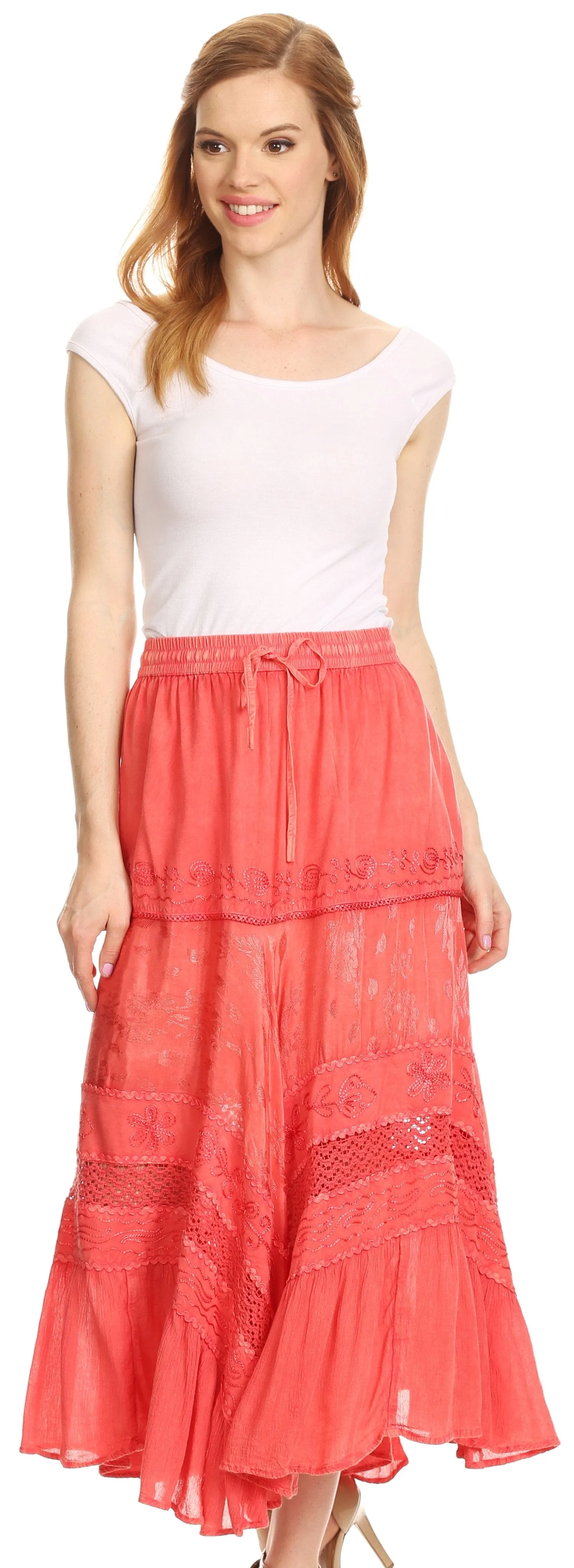 Sakkas Sally Bohemian Casual Mid Length Skirt with Crochet Lace Full Circle