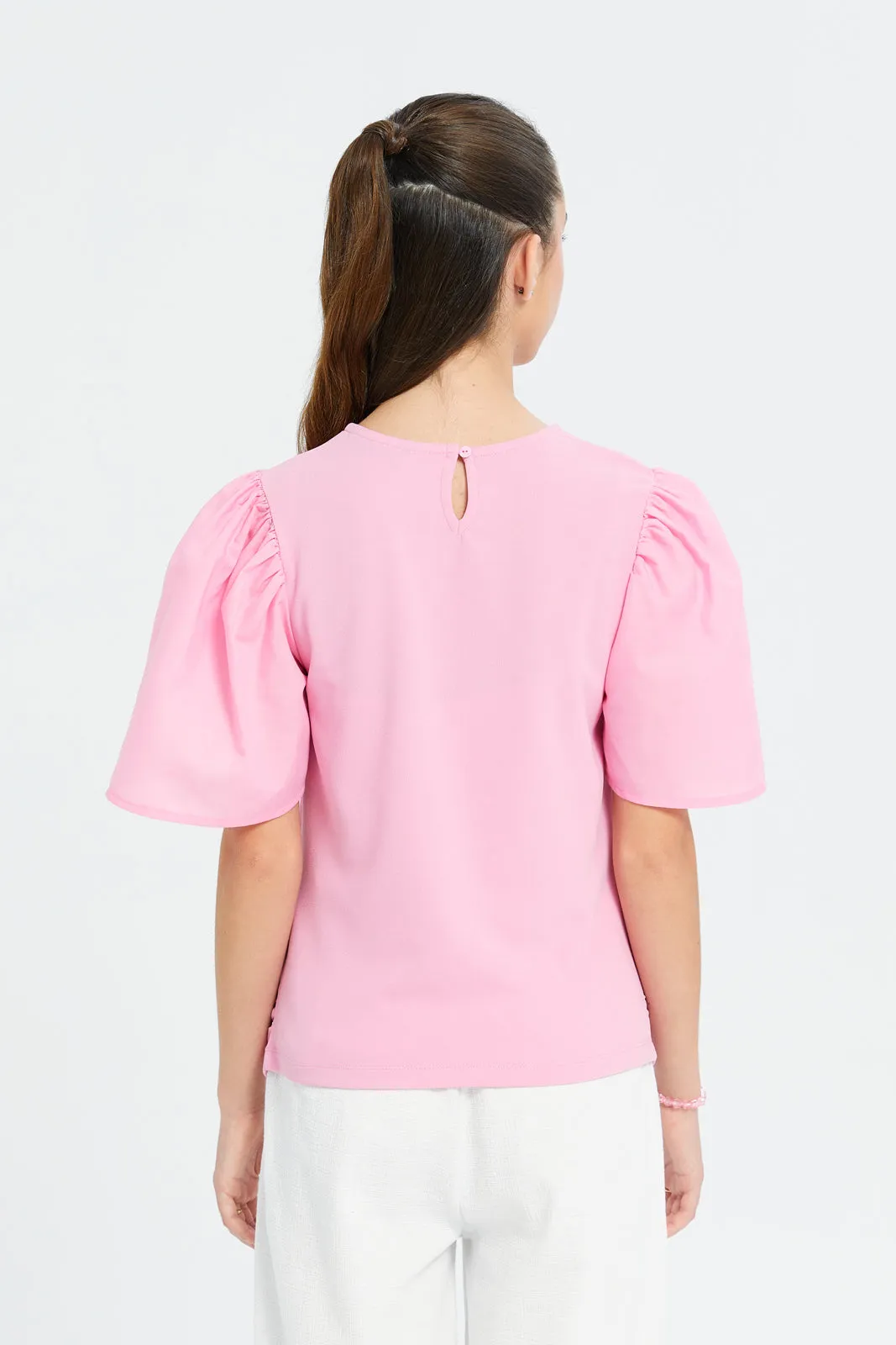 Senior Girls Pink Ruffled Sleeve Top With Sequin Pocket