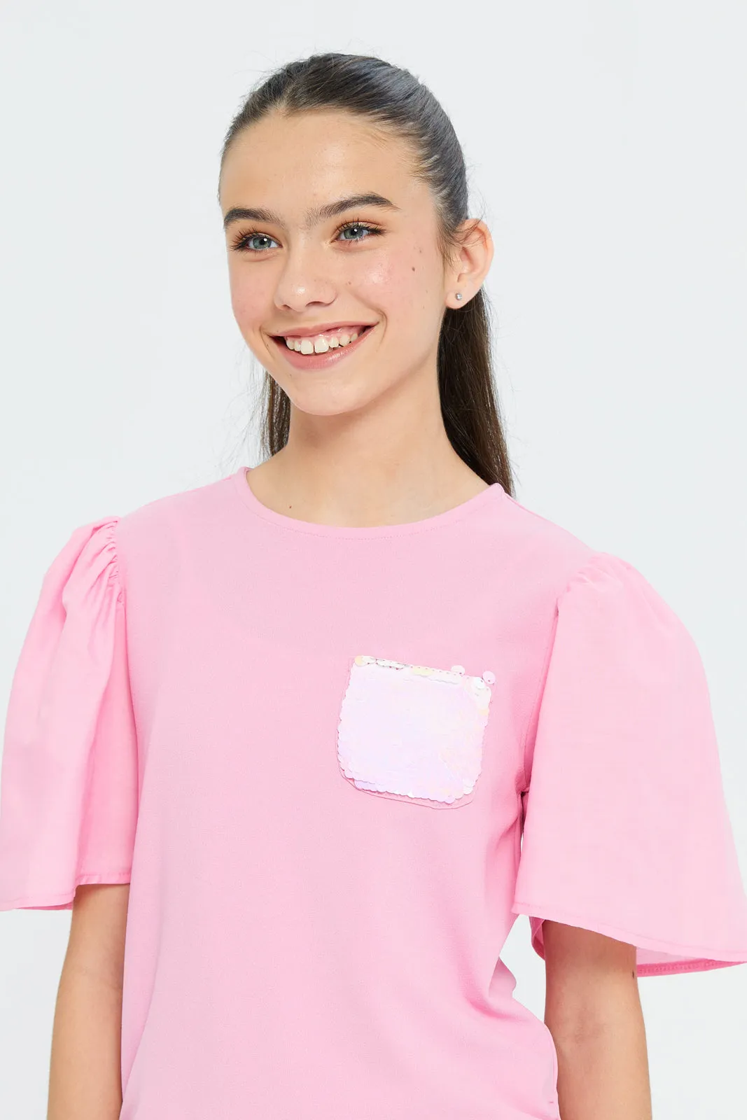 Senior Girls Pink Ruffled Sleeve Top With Sequin Pocket