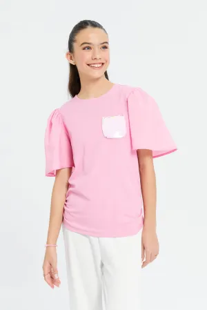 Senior Girls Pink Ruffled Sleeve Top With Sequin Pocket