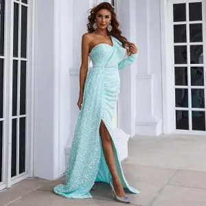 Single Ruffled Shoulder Sequins Maxi Dress