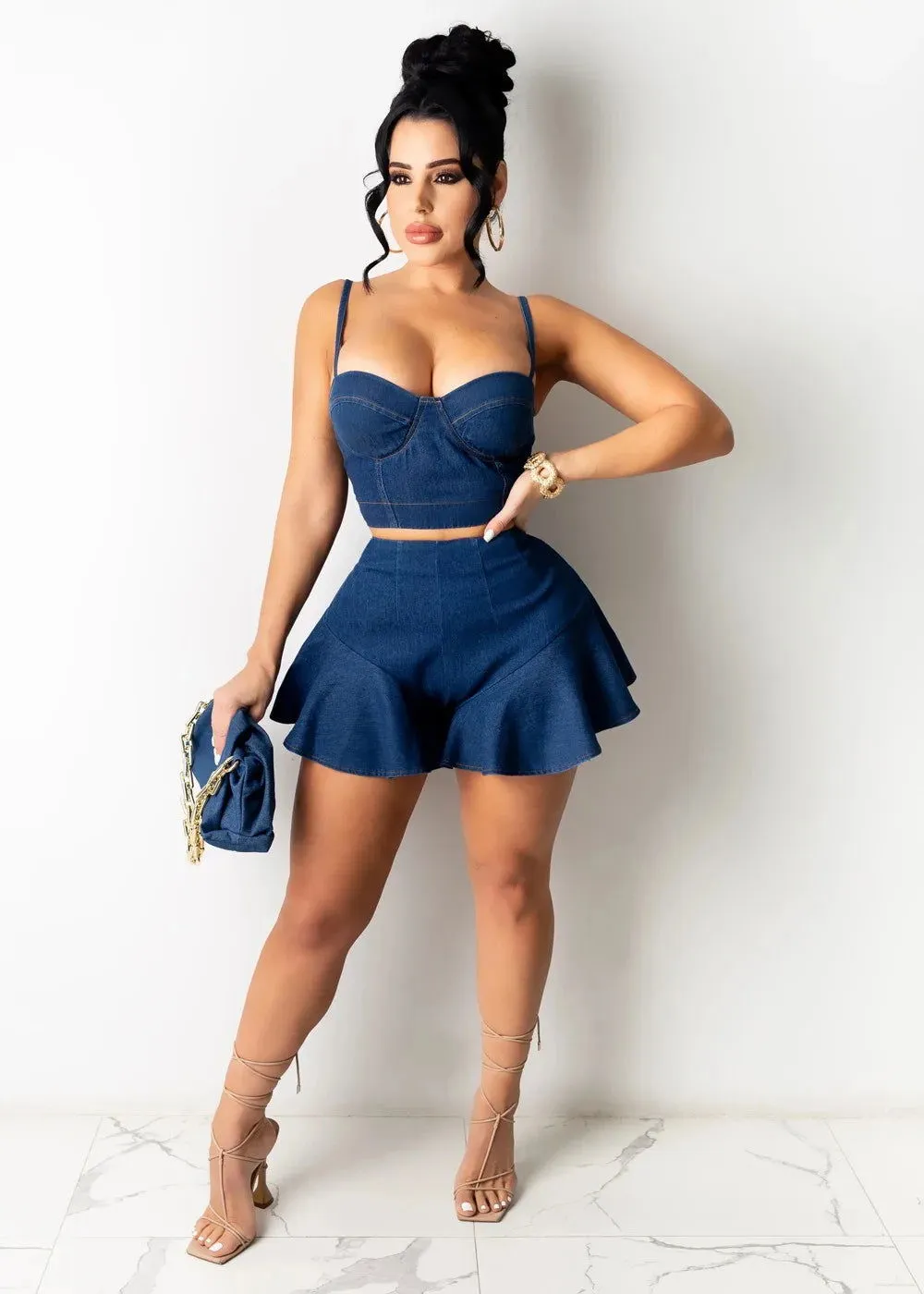 Sleeveless V-Neck Crop Denim Top and Mini Skirts