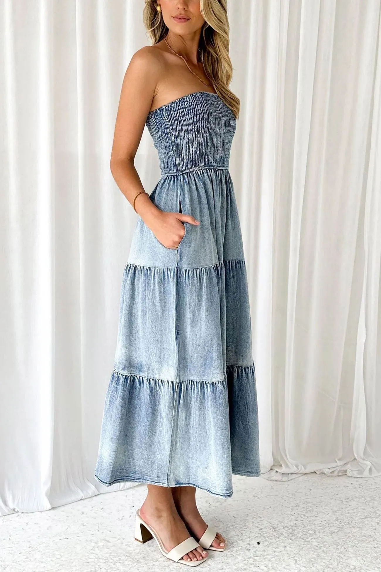 Strapless Tiered Slit Denim Dress