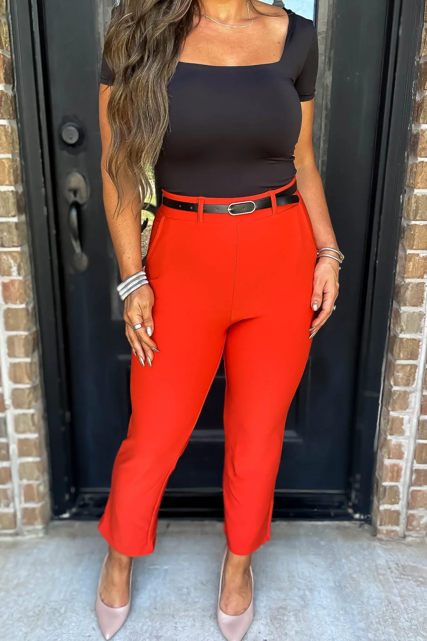 Stretchy Flaming Red Belted Side Pocket Straight Pants