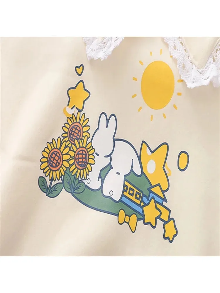 Sweet Style Kawaii Cute Women Sweatshirts Cartoon Rabbit Print Lace Patchwork Pullovers Winter Ladies Cotton Sudadera Tops